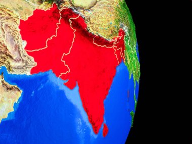 Güney Asya gerçekçi bir model ülke sınırları ve çok detaylı gezegenin yüzeyi ile dünya gezegeni üzerinde. 3D çizim. Nasa tarafından döşenmiş bu görüntü unsurları.