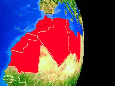 Gerçekçi bir model ülke sınırları ve çok detaylı gezegenin yüzeyi ile Dünya gezegeninin Mağrip bölgesi. 3D çizim. Nasa tarafından döşenmiş bu görüntü unsurları.