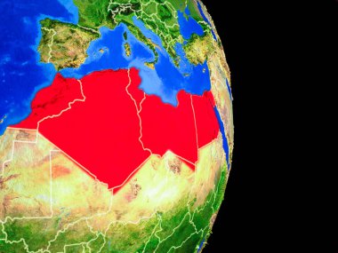 Kuzey Afrika ülke sınırları ve çok detaylı gezegenin yüzeyi ile Dünya gezegeninin gerçekçi model üzerinde. 3D çizim. Nasa tarafından döşenmiş bu görüntü unsurları.