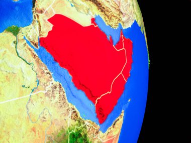 Arabistan gerçekçi bir model ülke sınırları ve çok detaylı gezegenin yüzeyi ile dünya gezegeni üzerinde. 3D çizim. Nasa tarafından döşenmiş bu görüntü unsurları.