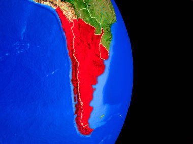 Southern Cone gerçekçi bir model ülke sınırları ve çok detaylı gezegenin yüzeyi ile dünya gezegeni üzerinde. 3D çizim. Nasa tarafından döşenmiş bu görüntü unsurları.