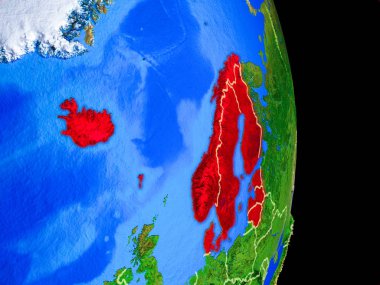Kuzey Avrupa ülke sınırları ve çok detaylı gezegenin yüzeyi ile Dünya gezegeninin gerçekçi model üzerinde. 3D çizim. Nasa tarafından döşenmiş bu görüntü unsurları.