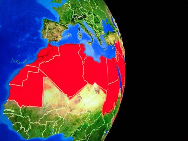 Arap Birliği gerçekçi bir model ülke sınırları ve çok detaylı gezegenin yüzeyi ile dünya gezegeni üzerinde. 3D çizim. Nasa tarafından döşenmiş bu görüntü unsurları.