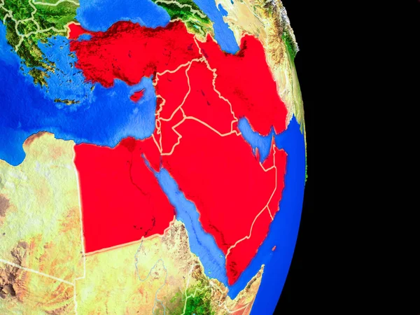 Middle East on realistic model of planet Earth with country borders and very detailed planet surface. 3D illustration. Elements of this image furnished by NASA.