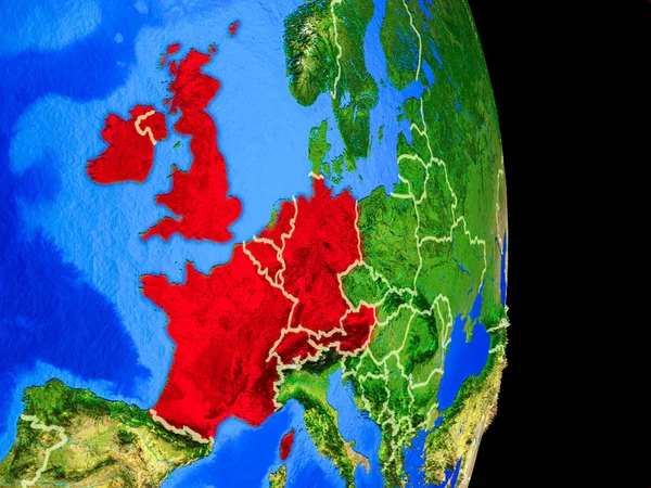 Западная Европа Реалистичной Модели Планеты Земля Страновыми Границами Подробной Поверхностью — стоковое фото