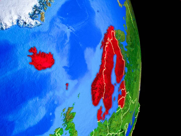 Kuzey Avrupa ülke sınırları ve çok detaylı gezegenin yüzeyi ile Dünya gezegeninin gerçekçi model üzerinde. 3D çizim. Nasa tarafından döşenmiş bu görüntü unsurları.