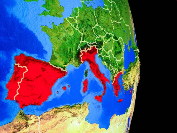 Южная Европа Реалистичной Модели Планеты Земля Страновыми Границами Подробной Поверхностью — стоковое фото