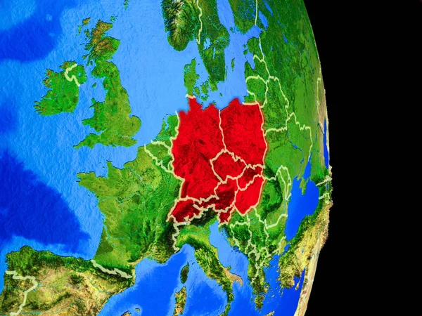 Центральная Европа Реалистичной Модели Планеты Земля Границами Стран Подробной Поверхностью — стоковое фото