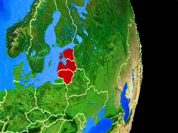 波罗的海国家在现实的模型上的行星地球与国家边界和非常详细的行星表面 美国宇航局提供的这张图片的元素 — 图库照片