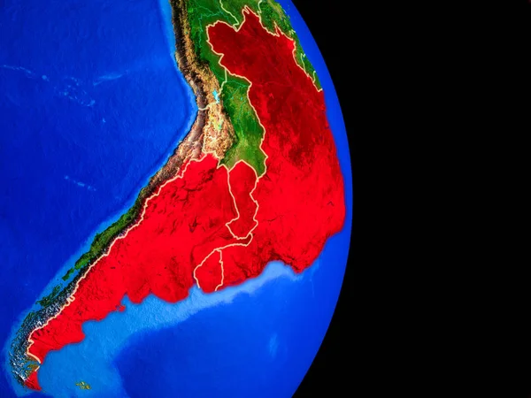 Mercosur memebers gerçekçi bir model ülke sınırları ve çok detaylı gezegenin yüzeyi ile dünya gezegeni üzerinde. 3D çizim. Nasa tarafından döşenmiş bu görüntü unsurları.
