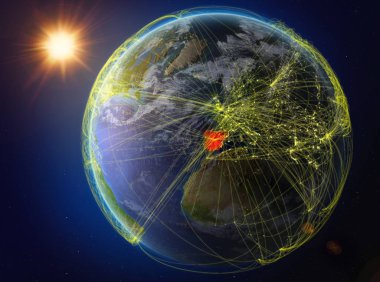 İspanya uzaydan. Uluslararası iletişim, teknoloji ve seyahat temsil eden ağ ile dünya gezegeni. 3D çizim. Nasa tarafından döşenmiş bu görüntü unsurları.