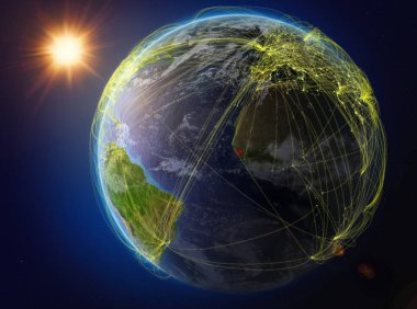 Gine-Bissau uzaydan. Uluslararası iletişim, teknoloji ve seyahat temsil eden ağ ile dünya gezegeni. 3D çizim. Nasa tarafından döşenmiş bu görüntü unsurları.