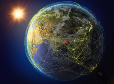 Bangladeş uzaydan. Uluslararası iletişim, teknoloji ve seyahat temsil eden ağ ile dünya gezegeni. 3D çizim. Nasa tarafından döşenmiş bu görüntü unsurları.