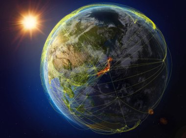 Uzaydan Japonya. Uluslararası iletişim, teknoloji ve seyahat temsil eden ağ ile dünya gezegeni. 3D çizim. Nasa tarafından döşenmiş bu görüntü unsurları.