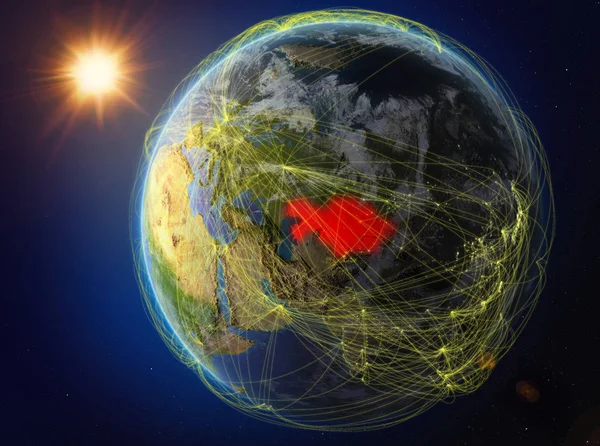 哈萨克斯坦从太空 地球与代表国际通信 技术和旅行的网络 美国宇航局提供的这张图片的元素 — 图库照片