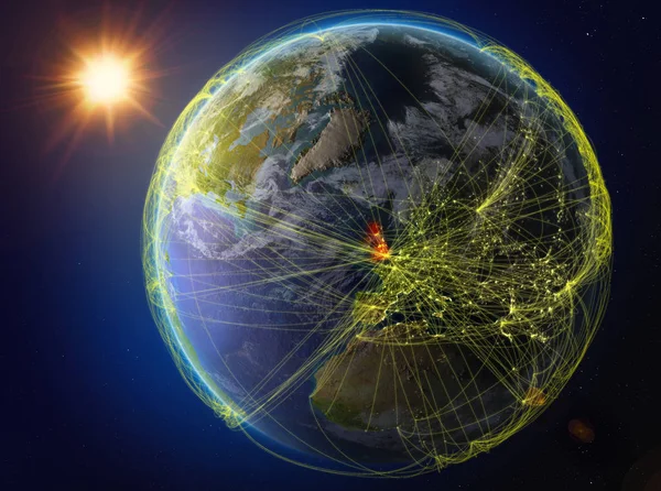 Sverige Från Rymden Planetjorden Med Nätverk Som Företräder Internationell Kommunikation — Stockfoto