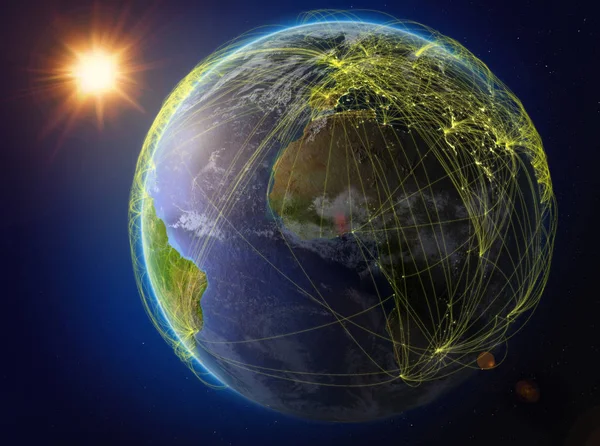 Космоса Планета Земля Сетью Представляющей Международные Связи Технологии Путешествия Иллюстрация — стоковое фото
