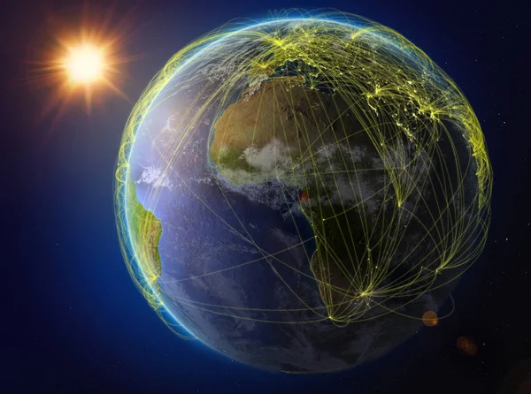 Gwinea Równikowa Kosmosu Planeta Ziemia Sieci Reprezentujące Międzynarodowej Komunikacji Technologii — Zdjęcie stockowe