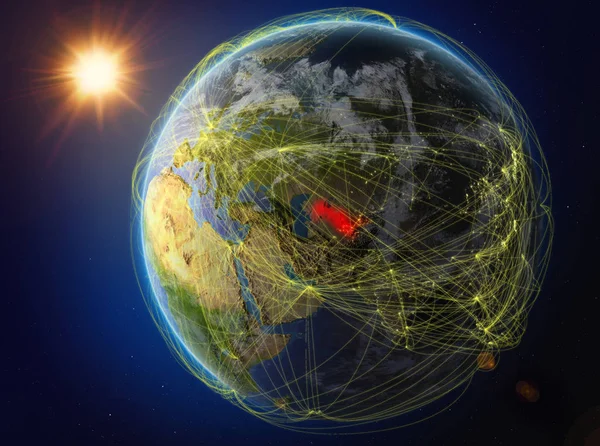 乌兹别克斯坦从太空 地球与代表国际通信 技术和旅行的网络 美国宇航局提供的这张图片的元素 — 图库照片