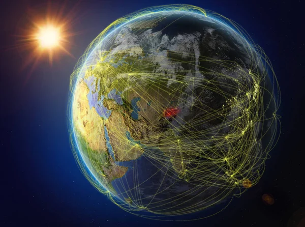 Kirgizistan Från Rymden Planetjorden Med Nätverk Som Företräder Internationell Kommunikation — Stockfoto