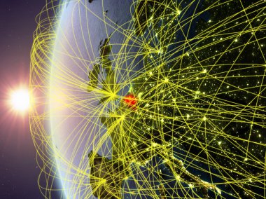 Belçika modeli dünya bir uluslararası ağ ile günbatımı sırasında uzaydan. Dijital iletişim veya seyahat kavramı. 3D çizim. Nasa tarafından döşenmiş bu görüntü unsurları.