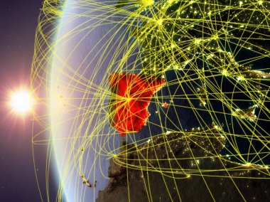 İspanya modeli dünya bir uluslararası ağ ile günbatımı sırasında uzaydan. Dijital iletişim veya seyahat kavramı. 3D çizim. Nasa tarafından döşenmiş bu görüntü unsurları.