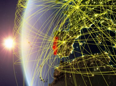 Portekiz Dünya modeli ile uluslararası ağ günbatımı sırasında uzaydan. Dijital iletişim veya seyahat kavramı. 3D çizim. Nasa tarafından döşenmiş bu görüntü unsurları.