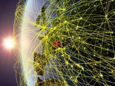 İsviçre Uluslararası ağ ile günbatımı sırasında Dünya'nın modeli uzaydan. Dijital iletişim veya seyahat kavramı. 3D çizim. Nasa tarafından döşenmiş bu görüntü unsurları.