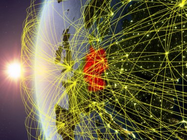 Almanya Dünya modeli ile uluslararası ağ günbatımı sırasında uzaydan. Dijital iletişim veya seyahat kavramı. 3D çizim. Nasa tarafından döşenmiş bu görüntü unsurları.