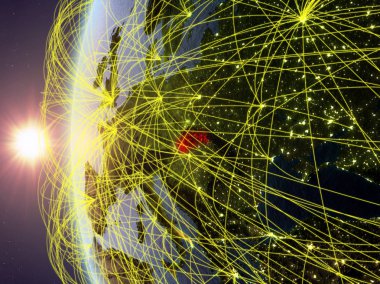 Slovakya uluslararası ağ ile günbatımı sırasında Dünya'nın modeli uzaydan. Dijital iletişim veya seyahat kavramı. 3D çizim. Nasa tarafından döşenmiş bu görüntü unsurları.