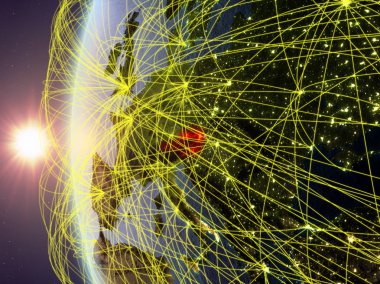 Avusturya modeli dünya bir uluslararası ağ ile günbatımı sırasında uzaydan. Dijital iletişim veya seyahat kavramı. 3D çizim. Nasa tarafından döşenmiş bu görüntü unsurları.