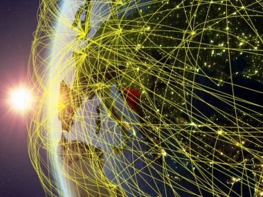Bosna ve Hersek'te uluslararası ağ ile günbatımı sırasında Dünya'nın modeli uzaydan. Dijital iletişim veya seyahat kavramı. 3D çizim. Nasa tarafından döşenmiş bu görüntü unsurları.