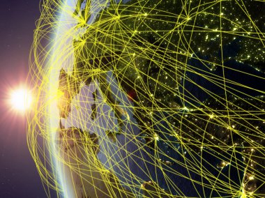 Karadağ modeli dünya bir uluslararası ağ ile günbatımı sırasında uzaydan. Dijital iletişim veya seyahat kavramı. 3D çizim. Nasa tarafından döşenmiş bu görüntü unsurları.