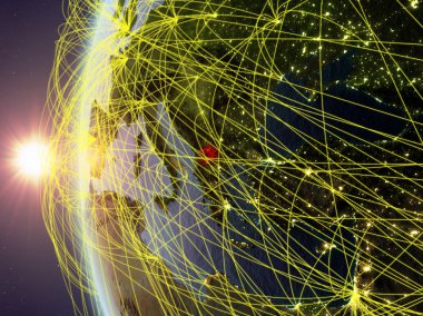 Makedonya Uluslararası ağ ile günbatımı sırasında Dünya'nın modeli uzaydan. Dijital iletişim veya seyahat kavramı. 3D çizim. Nasa tarafından döşenmiş bu görüntü unsurları.