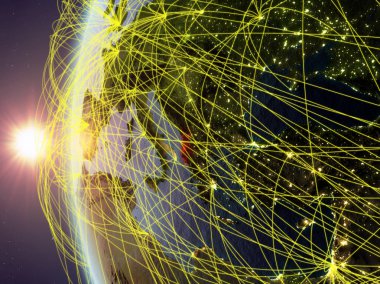 Arnavutluk uluslararası ağ ile günbatımı sırasında Dünya'nın modeli uzaydan. Dijital iletişim veya seyahat kavramı. 3D çizim. Nasa tarafından döşenmiş bu görüntü unsurları.