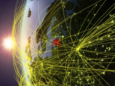Estonya Uluslararası ağ ile günbatımı sırasında Dünya'nın modeli uzaydan. Dijital iletişim veya seyahat kavramı. 3D çizim. Nasa tarafından döşenmiş bu görüntü unsurları.
