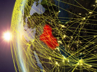 Irak Uluslararası ağ ile günbatımı sırasında Dünya'nın modeli uzaydan. Dijital iletişim veya seyahat kavramı. 3D çizim. Nasa tarafından döşenmiş bu görüntü unsurları.