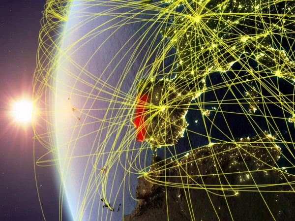 Portekiz Dünya Modeli Ile Uluslararası Günbatımı Sırasında Uzaydan Dijital Iletişim — Stok fotoğraf