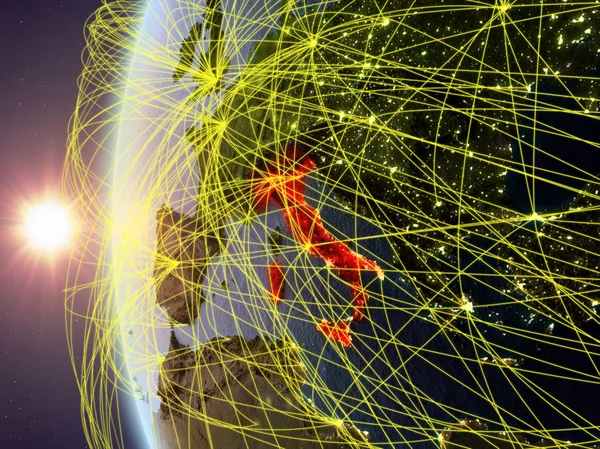 イタリアの国際ネットワークと日没時に地球の模型上の領域から デジタル コミュニケーションや旅行のコンセプトです イラスト Nasa から提供されたこのイメージの要素 — ストック写真