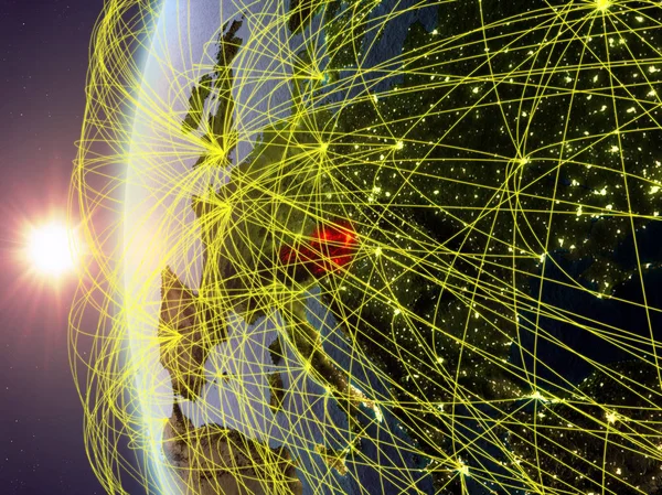 奥地利从太空模型上的地球在日落与国际网络 数字通信或旅行的概念 美国宇航局提供的这张图片的元素 — 图库照片