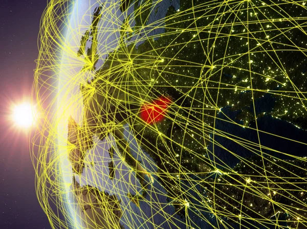 Węgry Kosmosu Model Ziemi Podczas Zachodu Słońca Międzynarodowej Sieci Koncepcja — Zdjęcie stockowe