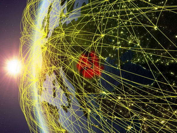 罗马尼亚从太空模型上的地球在日落期间与国际网络 数字通信或旅行的概念 美国宇航局提供的这张图片的元素 — 图库照片