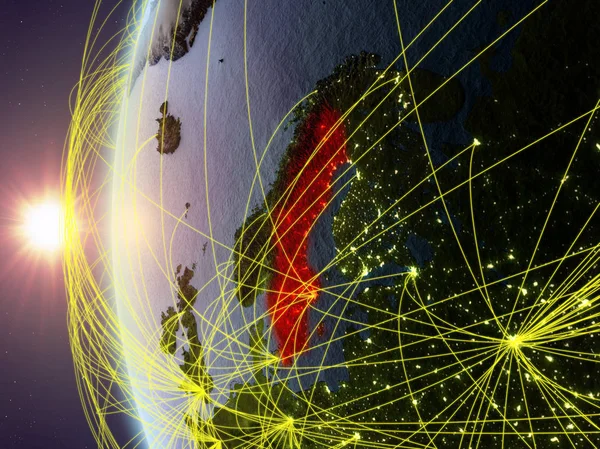 Szwecja Kosmosu Model Ziemi Podczas Zachodu Słońca Międzynarodowej Sieci Koncepcja — Zdjęcie stockowe