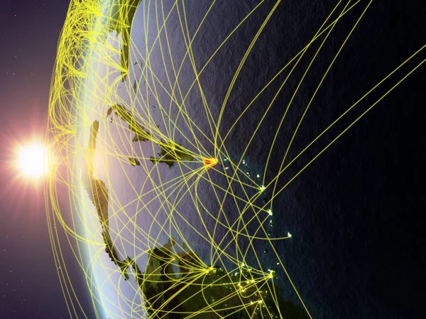 プエルトリコの国際的なネットワークの日没時に地球の模型上の領域から デジタル コミュニケーションや旅行のコンセプトです イラスト Nasa から提供されたこのイメージの要素 — ストック写真