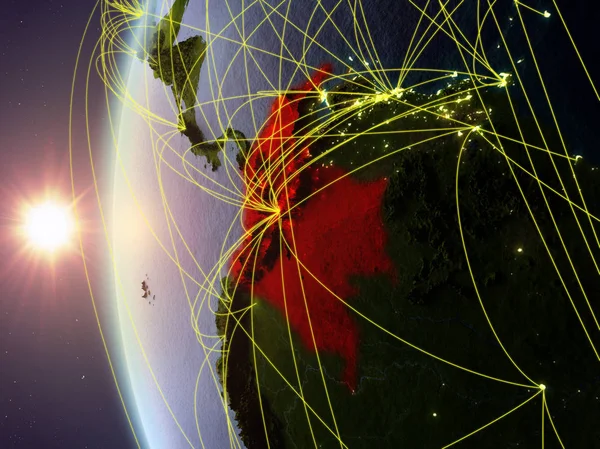 Colombia Från Rymden Modell Jorden Solnedgången Med Internationella Nätverk Begreppet — Stockfoto