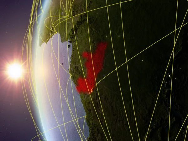 刚果从太空在地球模型在日落期间与国际网络 数字通信或旅行的概念 美国宇航局提供的这张图片的元素 — 图库照片
