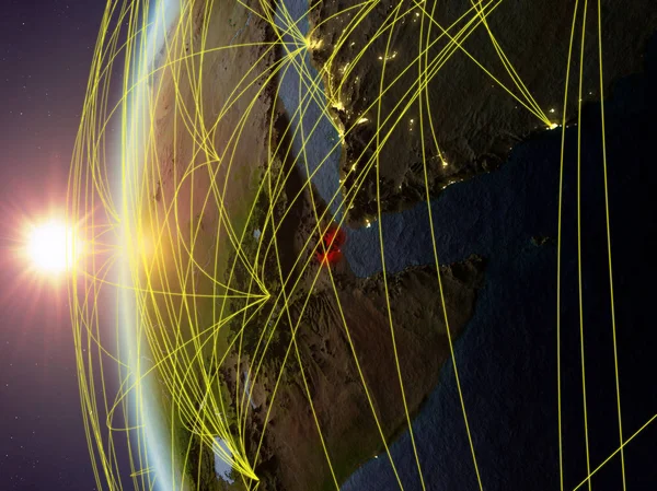 Djibouti Din Spațiu Modelul Pământului Timpul Apusului Soare Rețea Internațională — Fotografie, imagine de stoc