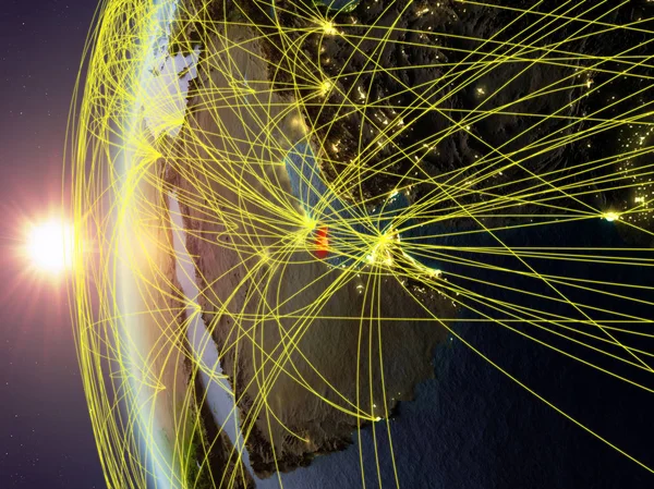 Katar Űrből Modell Föld Alatt Nemzetközi Hálózat Naplemente Digitális Kommunikáció — Stock Fotó