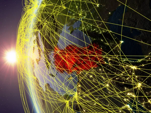 国際的なネットワークと日没時に地球の模型上の領域からトルコ デジタル コミュニケーションや旅行のコンセプトです イラスト Nasa から提供されたこのイメージの要素 — ストック写真