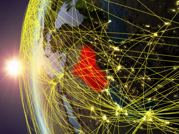 Ирак из космоса по модели Земли во время заката с международной сетью. Концепция цифровой коммуникации или путешествий. 3D иллюстрация. Элементы этого изображения предоставлены НАСА
.